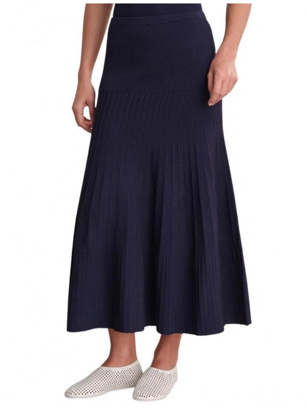 NWT 525 America Navy Ribbed Pleated Midi Skirt